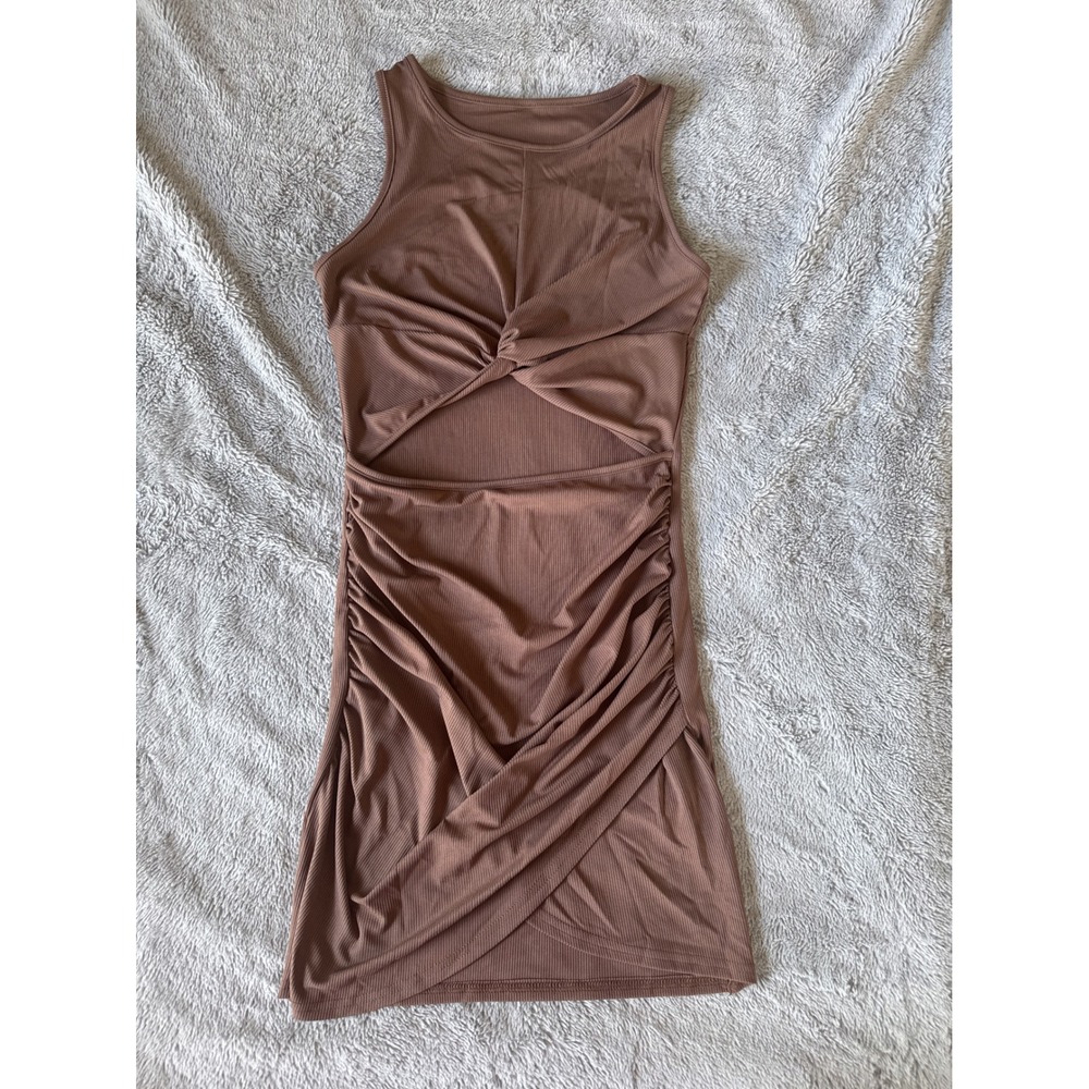 SHEIN Brown Ribbed Twist Front‎ Cutout Ruched Mini Dress Small